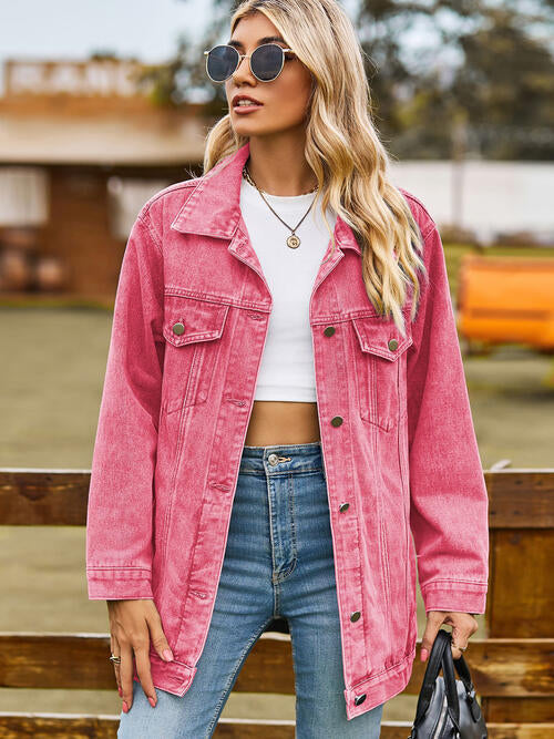 Collared Neck Denim Jacket With Pockets