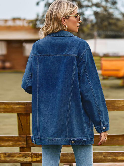 Collared Neck Denim Jacket With Pockets